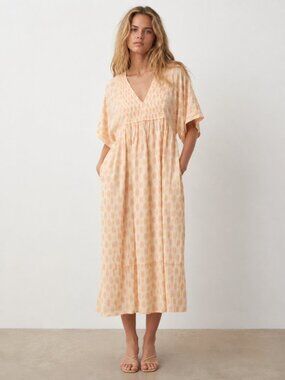 Zara  Oversized V Neck Kaftan Midi Dress NWT Yellow Pink Size XS